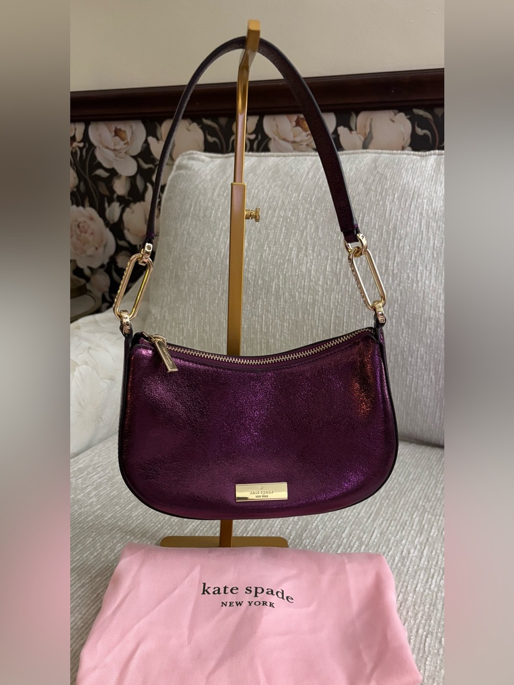 Kate Spade Nina Metallic Shoulder Bag Dark Raspberry Leather Gold Chain NWOT